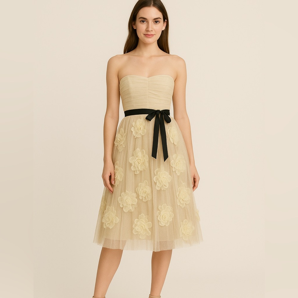 Robert Rodriguez Strapless Dress in Cream with Black Bow